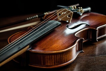 Naklejka premium Close-up view of violin strings and bow showcasing rich wood grain on a dark background