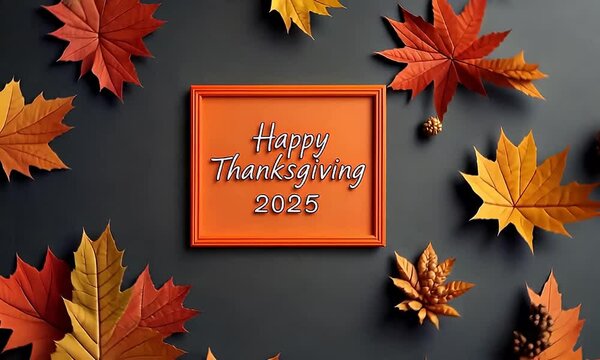 Happy Thanksgiving 2025 autumn leaves, orange frame.