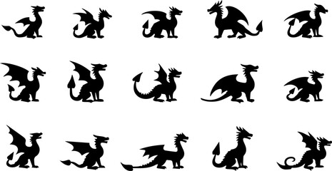 Collection of dragon silhouettes set, vector illustration