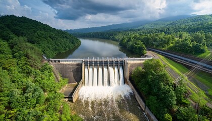 aerial view of large dam acting as flood barrier with water cascading down and surrounded by lush greenery scene captures power of nature and engineering