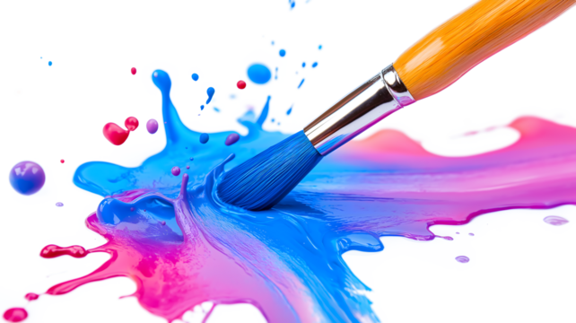 A paintbrush is used to create a splash of color on a white background. The colors are bright and vibrant, creating a sense of energy and excitement. The brush strokes are bold and dynamic