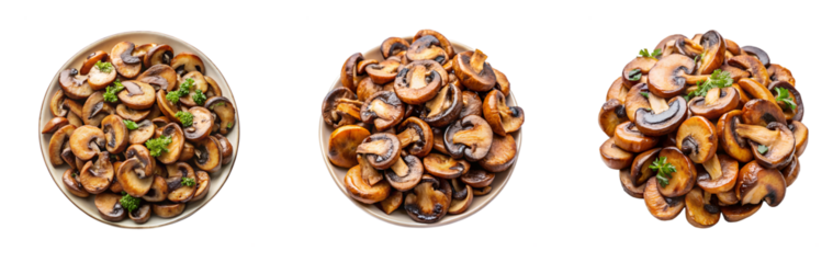 Three bowls of sauteed sliced brown mushrooms served with fresh parsley garnish transparent background Generative AI