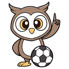 Cute Brown Owl Cartoon Mascot Holding a Soccer Ball with Finger Pointing Up