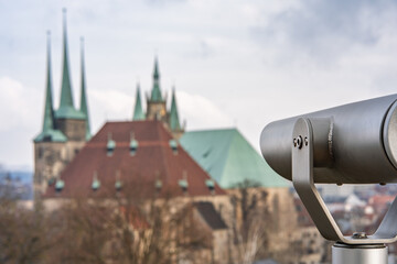 Tourist Telescope Facing Erfurt Cathedral and Severikirche on a Cloudy Day, Germany, Erfurt