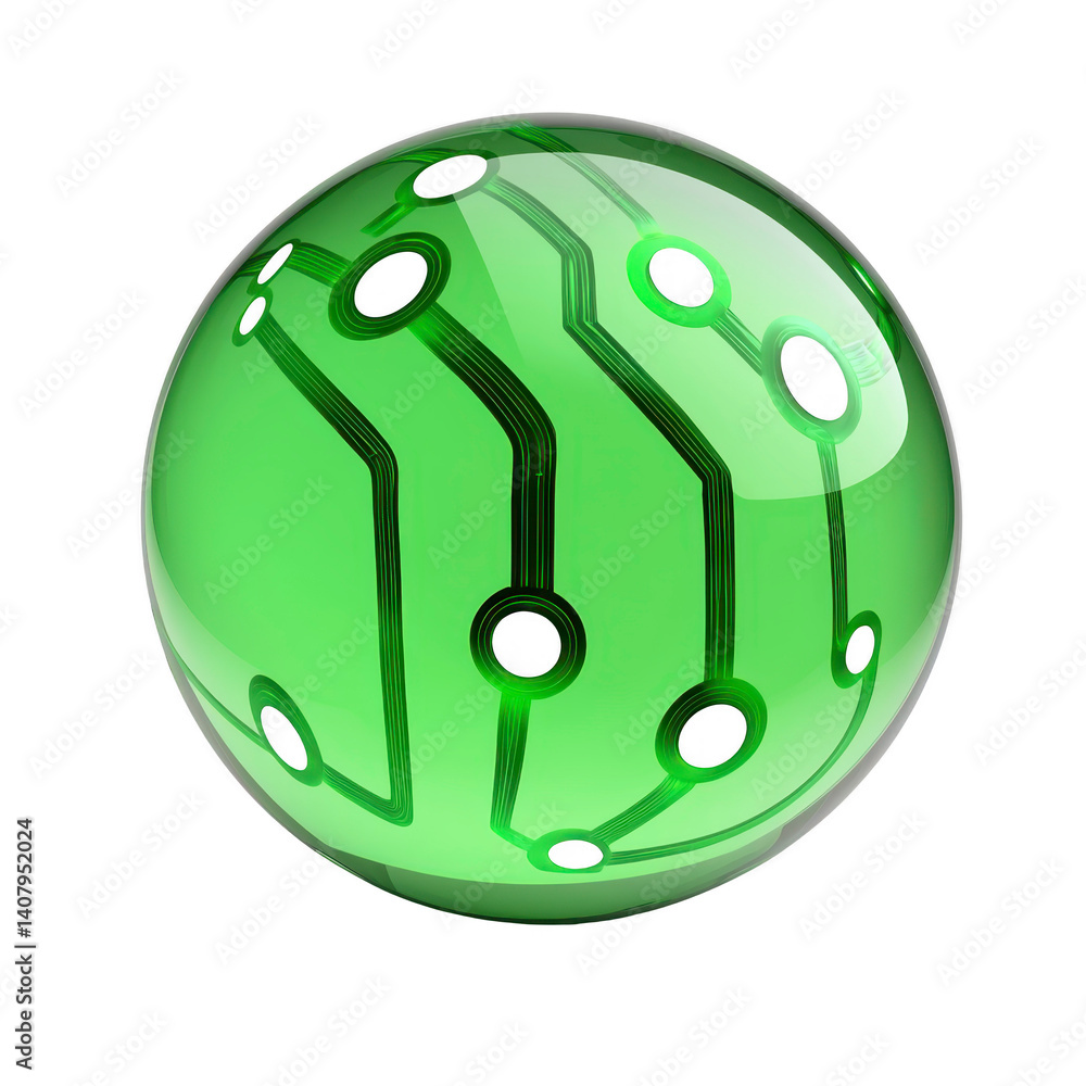 Poster green sphere with circuit like patterns and black circular elements, resembling futuristic technolog