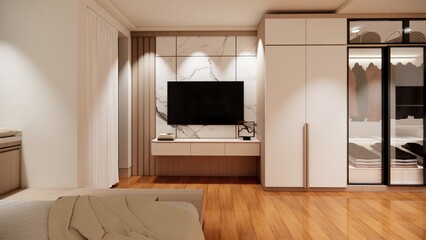 Luxurious Modern Bedroom Design with Wardrobe and TV