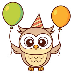 Cheerful Cartoon Owl with Party Hat Holding Green and Yellow Balloons