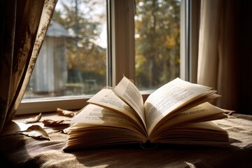 Open book pages fluttering in the breeze near a window in a tranquil indoor setting during a sunny afternoon