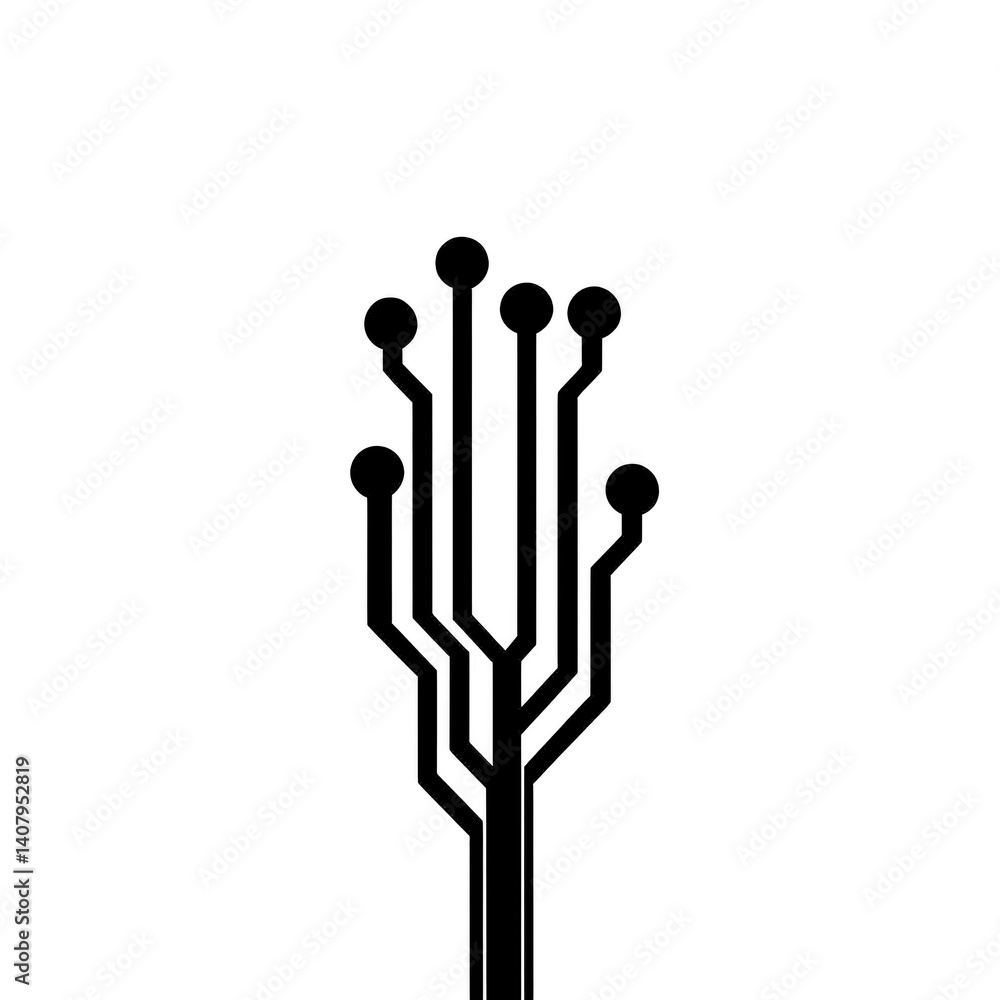 Poster minimalist black tree design with branches resembling circuit lines, symbolizing fusion of nature an