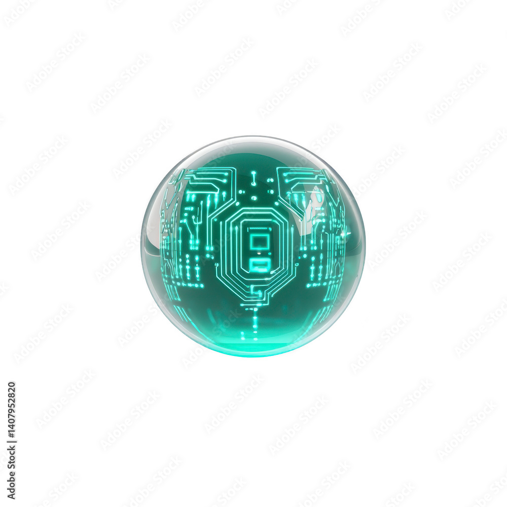 Poster glowing sphere with intricate circuit patterns symbolizes futuristic technology and digital innovati