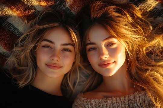 Twin Sisters Whispering a Secret in Golden Hour Light