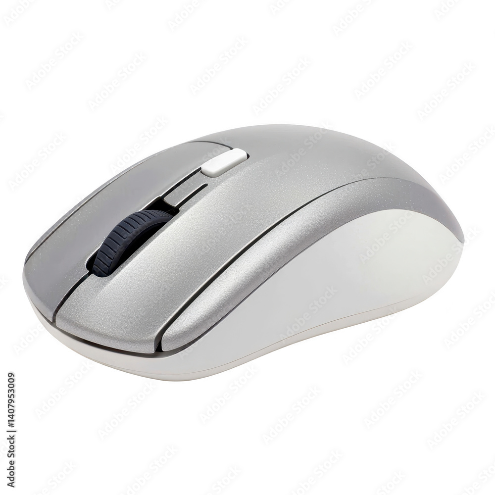 Poster sleek silver wireless computer mouse with scroll wheel and ergonomic design, perfect for comfortable