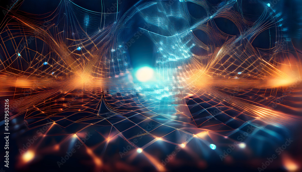 Poster abstract digital network with glowing nodes and interconnected lines in blue and orange