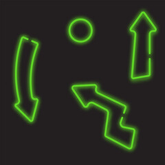 Vector set of green glowing neon arrows on black background. Colored pointers. Bright retro light symbol. Emblem for club or bar. Light arrow banner. Decoration on wall and template covering.