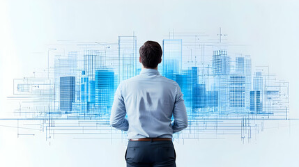 Rear View of Businessman Looking at Blueprint of City with Blue Digital Lines on White Background