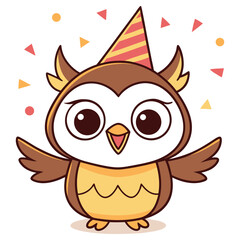 Cheerful Cartoon Owl Wearing Party Hat with Confetti on Transparent Background