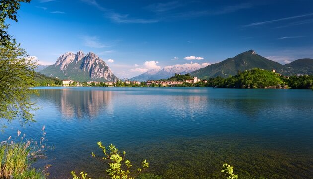 scenic view of lago di annone with monte resegone and civate in the background