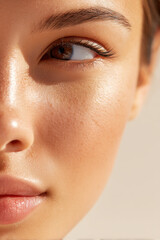 Close-up of a woman's face with natural skin texture, warm lighting, and a soft, focused gaze
