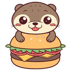 Cute Cartoon Otter Character Sitting on a Big Hamburger on Isolated White