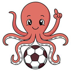 Cartoon Smiling Octopus Holding Soccer Ball with Tentacle Pointing Up On White
