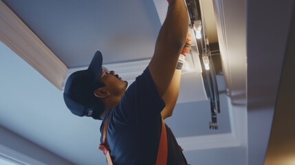 Hispanic electrician installing LED lights in a living room. Featuring electrical work and home lighting