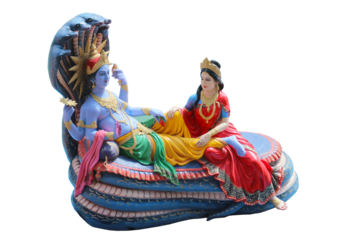 Indian religious sculpture of god Vishnu lying on snake Ananta and goddess Lakshmi isolated on white background.