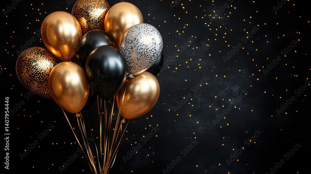Poster golden black,silver balloons against a shiny black background create a charming idea for an elegant 