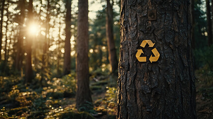 Naklejka premium Environmental responsibility Tree with recycle symbol in sun drenched forest evokes conservation