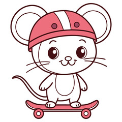 Cartoon Mouse Character Rides Pink Skateboard Wearing Helmet Isolated on White