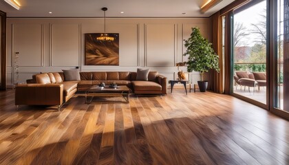 luxurious hardwood flooring with intricate oak grain patterns rich brown tones and a smooth polished surface adorning a contemporary living room