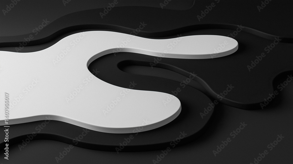 Poster abstract design featuring interconnected white and black shapes with curved lines and minimalist aes
