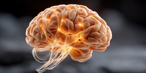 Glowing human brain with detailed nerves. Illustrates cognitive activity. Anatomical representation
