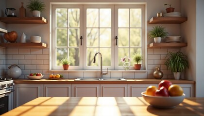 Bright kitchen interior with fresh fruits and natural light  