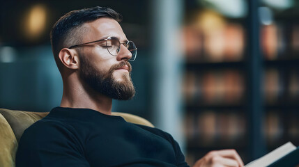 Obraz premium Contemplative Man with Beard Reading a Book in a Library Setting
