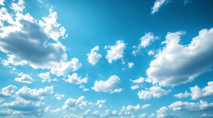 Peaceful blue sky with fluffy white clouds. A serene and tranquil scene.