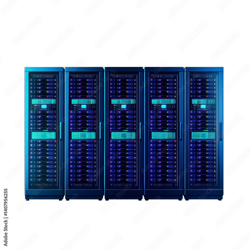 Poster row of modern server racks with blue led lights, showcasing advanced technology and data storage sol