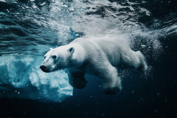 Polar bear diving in icy water