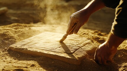 Archaeologist carefully brushing dust off an ancient artifact. Featuring patience and discovery