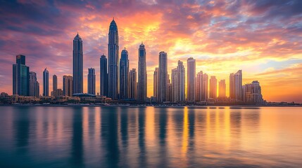 Fototapeta premium Cityscape view mirrored on twilight colored water high resolution picture
