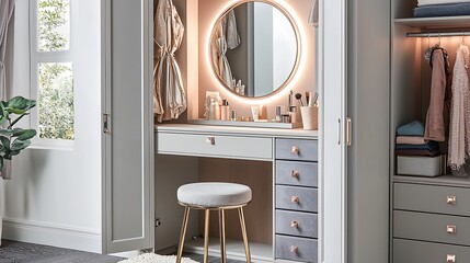 A vanity with a mirror and a stool in front of it