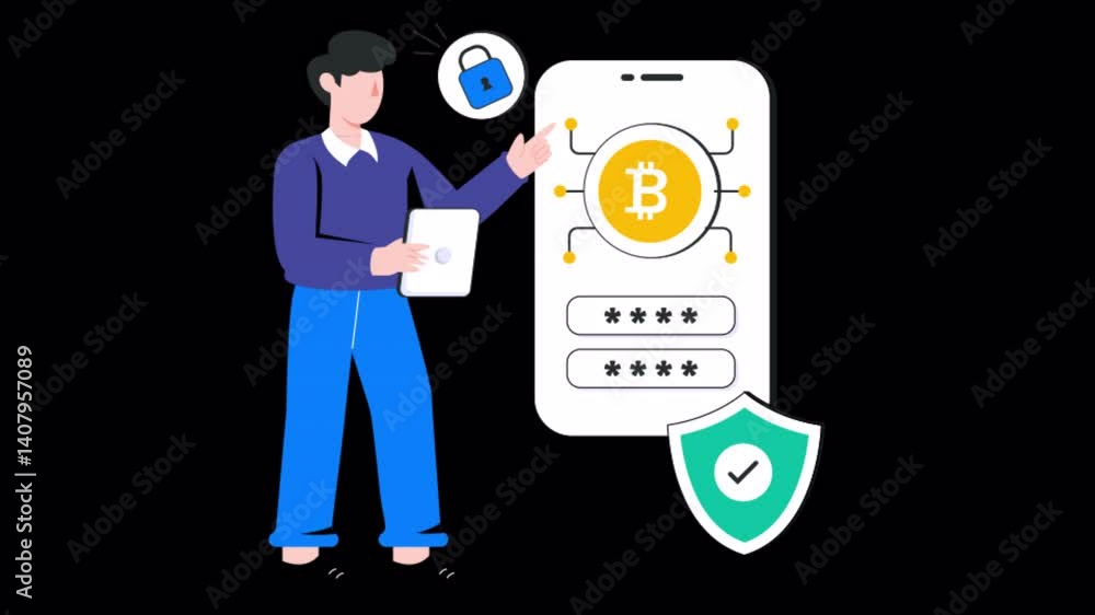 Poster bitcoin security 2d motion graphics animation 4k alpha channel looped
