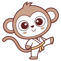 Cartoon Brown Monkey with White Kimono Practicing Karate on Transparent Background