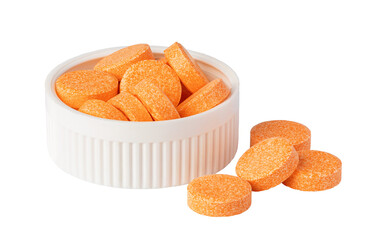 Open plastic pill bottle releasing orange vitamin C tablet isolated on transparent background