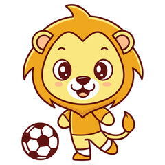 Cartoon Lion Plays Soccer Ball on White Background, cute animal sports theme