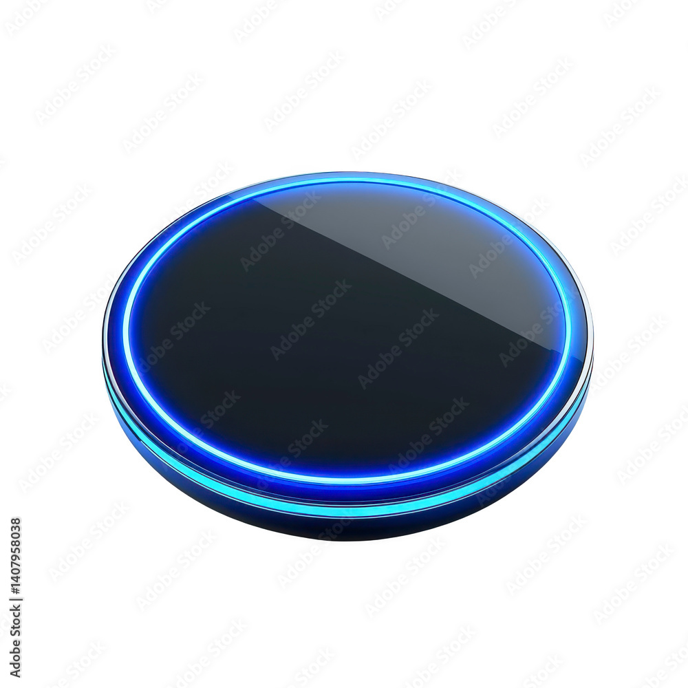 Poster sleek, futuristic blue led ring glows around glossy black circular surface, creating modern and high