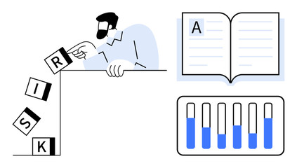 Man positions falling risk blocks, open book highlights learning, bar chart shows data analysis. Ideal for risk management, education, analysis, problem-solving, decision-making, strategy simple