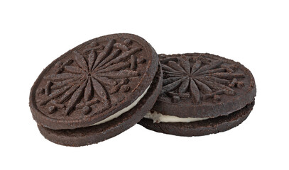 Two chocolate sandwich cookies with cream filling on transparent background
