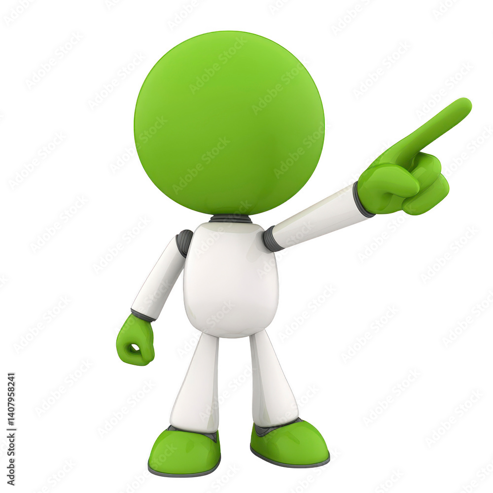 Aufkleber green 3d character with round head and white body is pointing upwards with its right hand, conveying