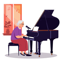 Elderly woman singing and playing piano in a cozy room  