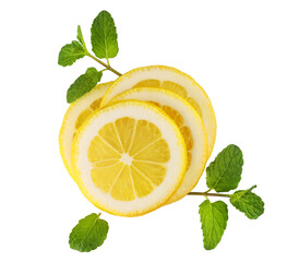 Lemon slices with mint leaves on transparent background